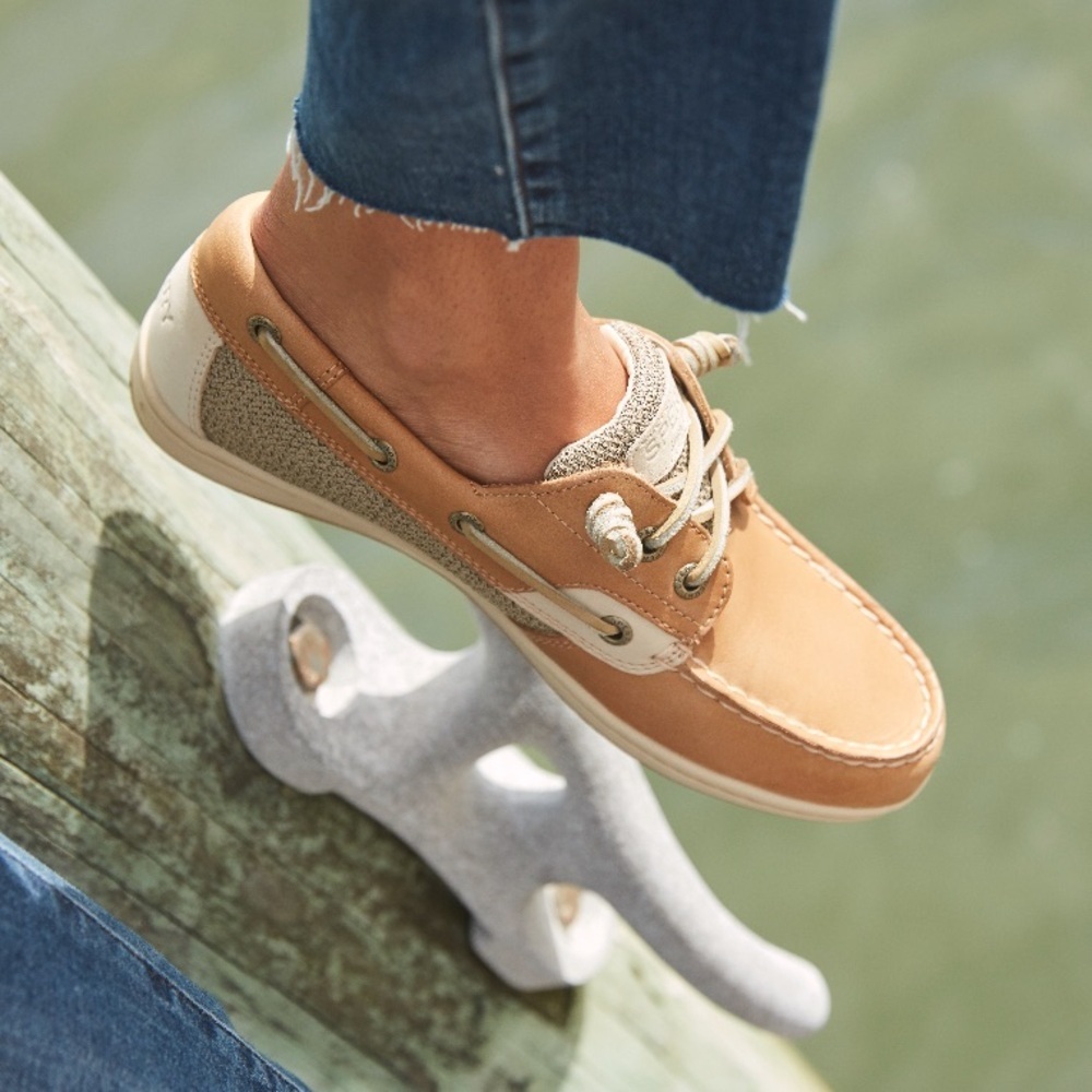 Sperry Top-Sider Women’s Boat Shoes Size 6.5 Tan Leather Canvas Nautical Preppy